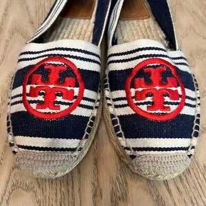 TORY BURCH Canvas Striped Espadrille Slip On Red Navy Nautical Women’s